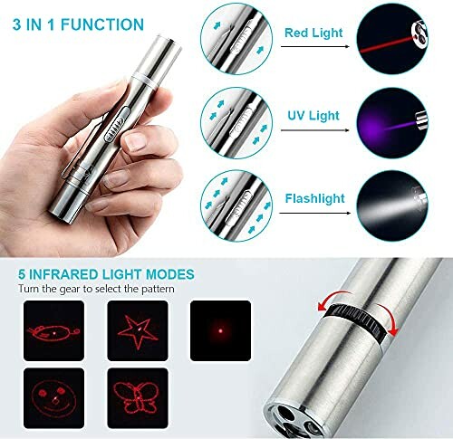 Hand holding a 3-in-1 light device with red, UV, and flashlight modes, plus five infrared light patterns.