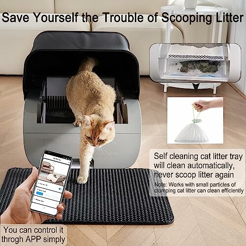 Automatic cat litter box with app control and self-cleaning feature.