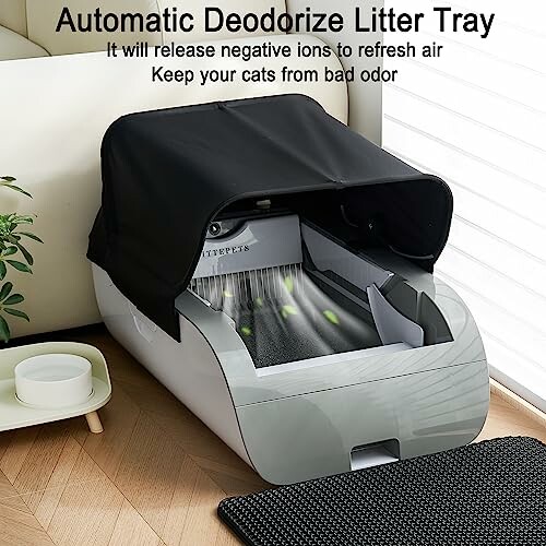 Automatic deodorize litter tray with black cover and features description.