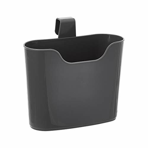 Black plastic hanging storage bin with a hook