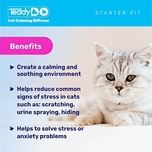 Cat calming diffuser benefits with a relaxed cat image.