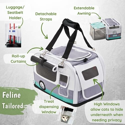 Cat carrier backpack with detachable straps and roll-up curtains.