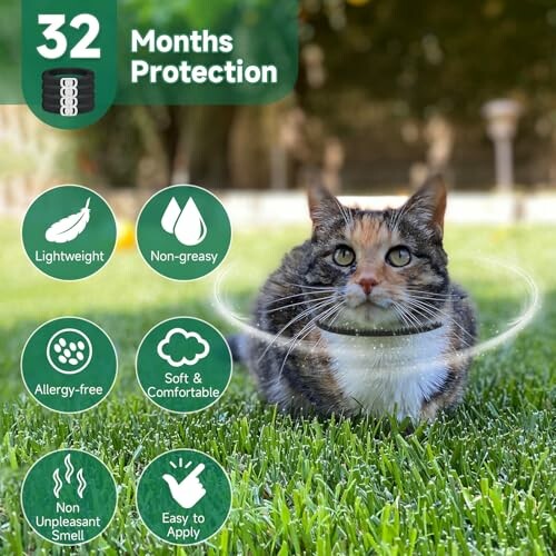 Cat wearing flea collar on grass with benefits listed.