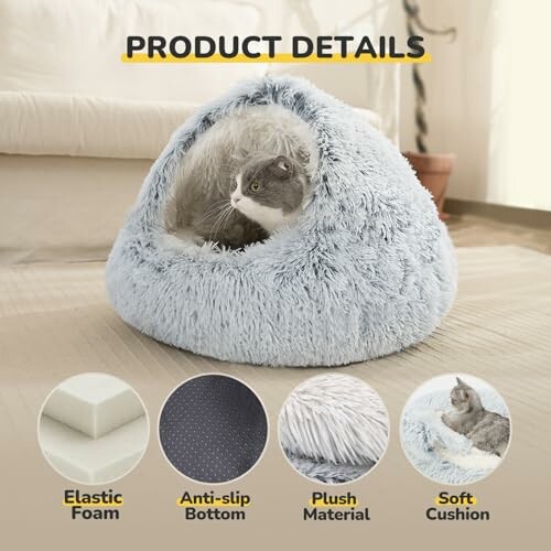 Gray cat in a fluffy pet bed with product details.