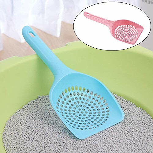 Blue and pink cat litter scoops with holes for sifting.