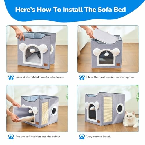 Step-by-step guide to installing a cat sofa bed with images showing the process.