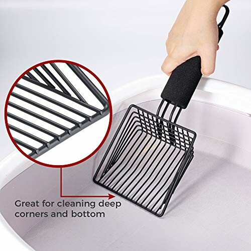 Hand holding a tool with a metal grid for cleaning deep corners and bottom.