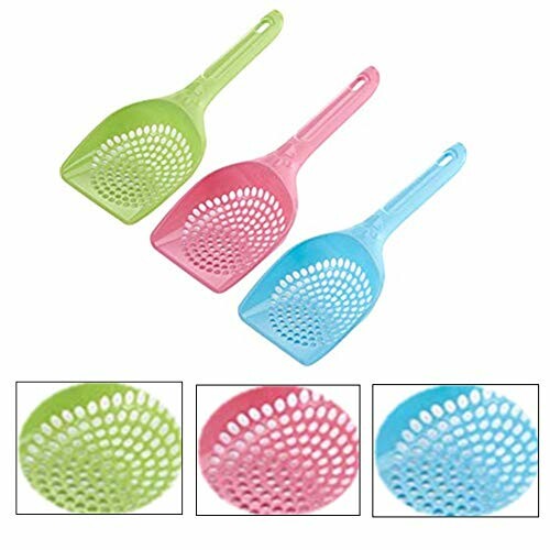 Three colorful plastic scoops in green, pink, and blue.