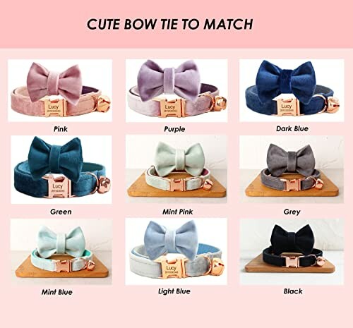 Collection of dog collars with matching bow ties in various colors including pink, purple, dark blue, green, mint pink, grey, mint blue, light blue, and black.