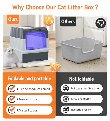 Comparison of foldable cat litter box vs. traditional one, highlighting benefits of foldable design.