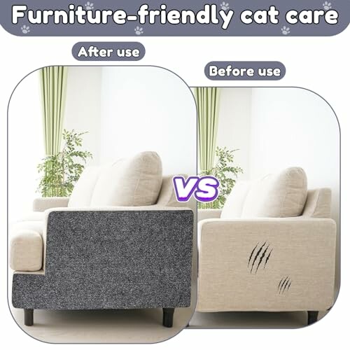 Comparison of sofa before and after using cat-friendly furniture care, with scratch marks visibly reduced.