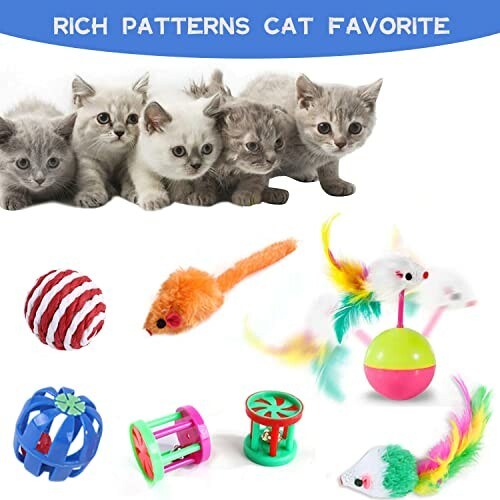 Five kittens with various colorful cat toys.