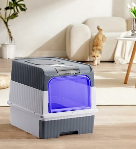 Modern cat litter box with a blue door in a living room.