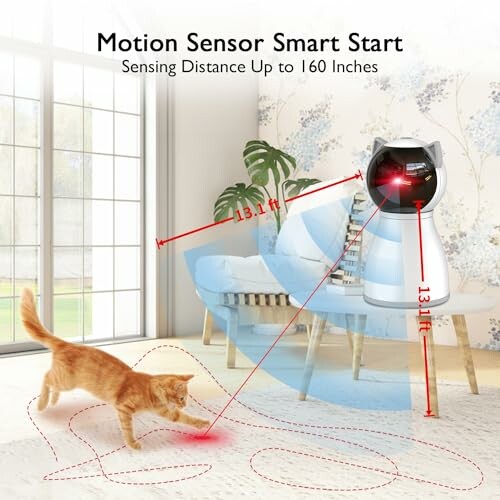 Motion sensor cat toy with red laser detecting a cat in a room.