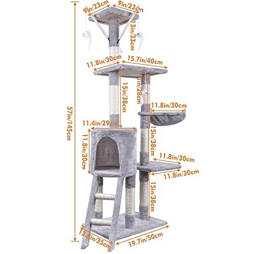 Multi-level cat tree with dimensions and features including perches, hammock, and cubby.