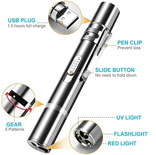 Multifunction pen light with USB plug, pen clip, slide button, gear for patterns, UV light, flashlight, red light.