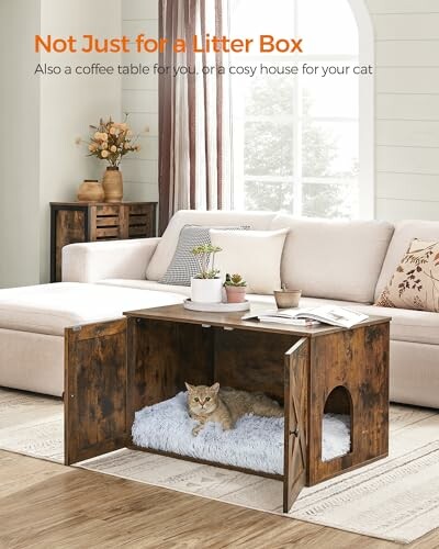 Cat inside a wooden litter box furniture piece in a living room.