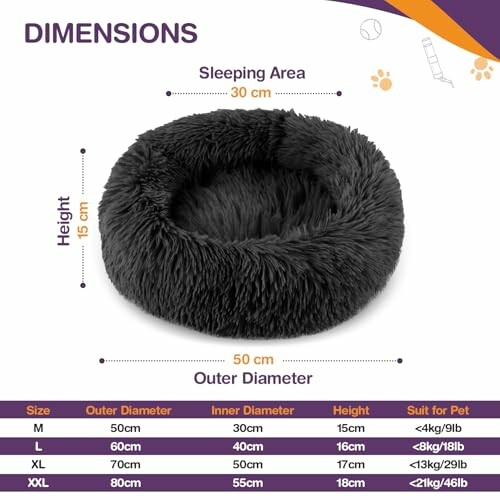 Pet bed size chart with dimensions for various sizes.