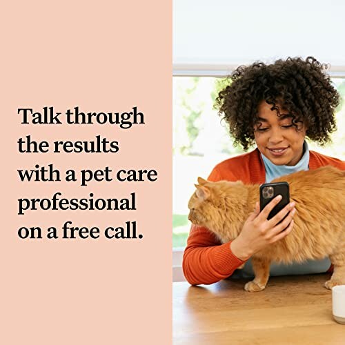 Woman holding phone with cat nearby, text about pet care consultation.