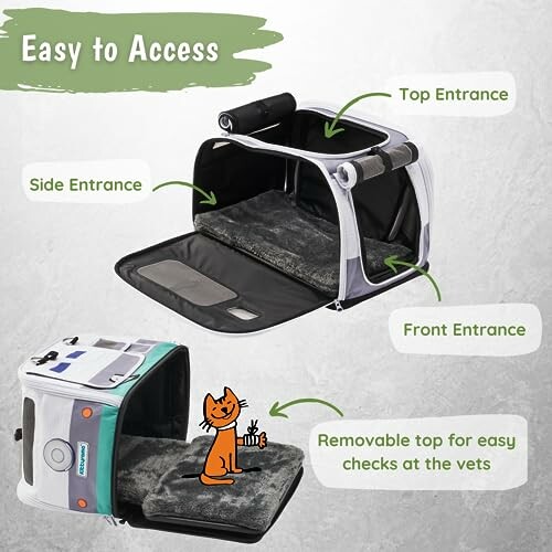 Pet carrier showing top, side, and front entrances with removable top.