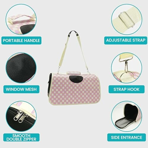 Pet carrier bag with portable handle, adjustable strap, window mesh, strap hook, smooth double zipper, and side entrance.