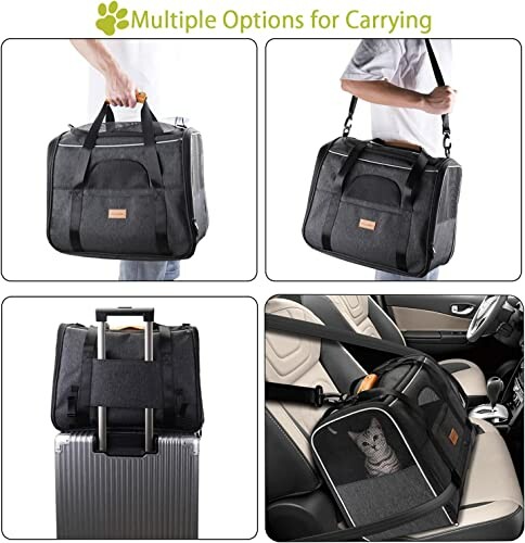 Pet carrier with various carrying options including hand-held, shoulder strap, suitcase attachment, and car seat use.