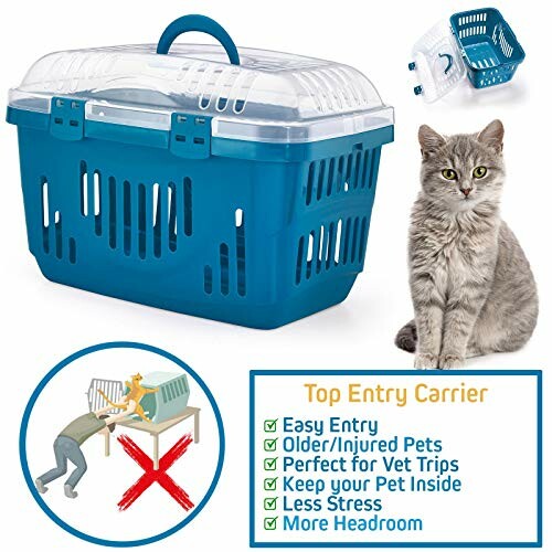 Top entry pet carrier with a grey cat sitting beside it, highlighting features like easy entry and more headroom.