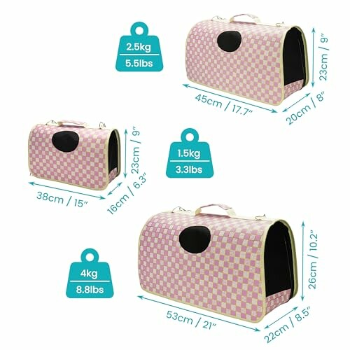 Three pink checkered pet carriers with dimensions and weight capacity.