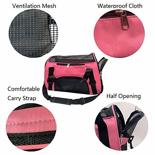 Pink pet carrier bag with ventilation mesh, waterproof cloth, comfortable carry strap, and half opening.