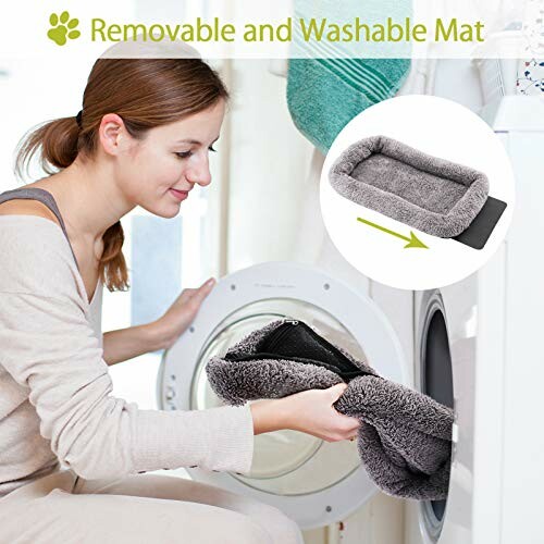 Woman placing a washable pet mat into a washing machine.