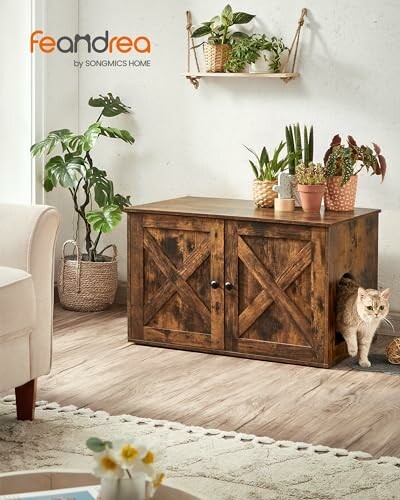 Rustic wooden cabinet with a cat and indoor plants