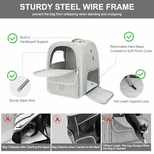 Features of a sturdy pet carrier backpack with steel wire frame and leash.