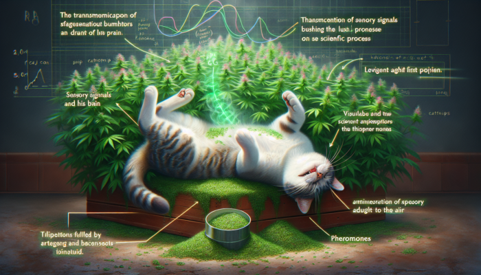 Cat in euphoric state interacting with catnip plant, showing sensory signals to brain.