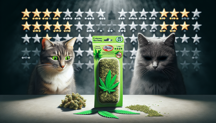 A cat eyeing two catnip toys with different packaging and review stars in the background.