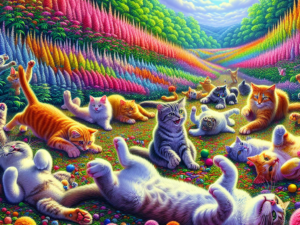 Cats playing joyfully with catnip toys amidst vibrant catnip plants, expressing endless laughter.