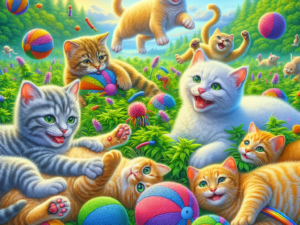 Cats playing joyfully in a catnip field with colorful toys, laughter filling the air.