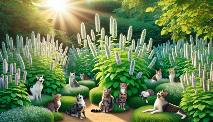 Cats playing joyfully with Nepeta cataria plants in a vibrant garden.