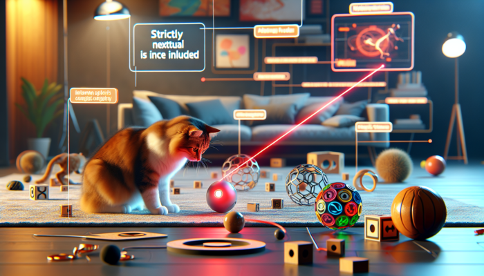 A cat focused on a laser dot, surrounded by interactive toys in a vibrant home.