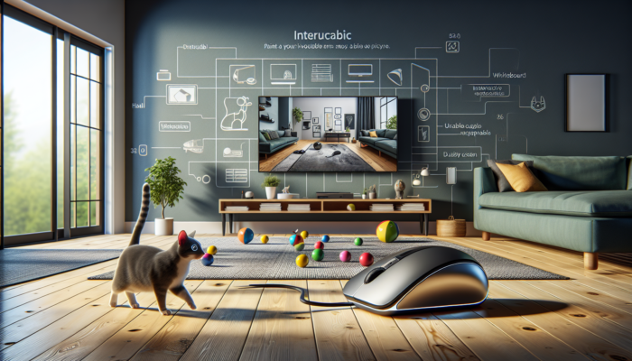 A robotic mouse and interactive balls engaging a cat in a modern living room.
