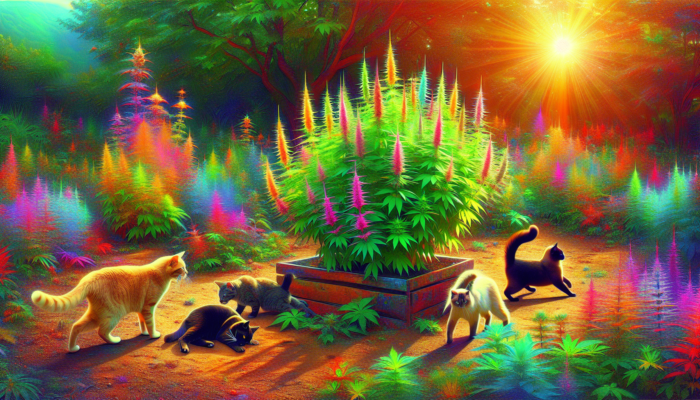 Catnip plants thriving in sunlight and well-drained soil, with cats playing around.
